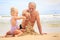 Grandpa Little Blond Girl Boy Build Sand Castle on Beach