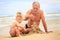 Grandpa Little Blond Girl Boy Build Sand Castle on Beach