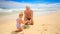 Grandpa Little Blond Girl Model Sand Patty on Wet Beach