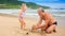 Grandpa Little Blond Girl Start Build Sand Castle on Beach