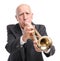Grandpa playing on trumpet on white isolated background