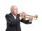 Grandpa playing on trumpet on white isolated background