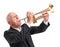 Grandpa playing on trumpet on white isolated background