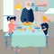 Grandpa prepares breakfast for grandchildren. Kitchen interier. Flat in minimalist style. Cartoon vector