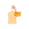 Grandpa reading a book and making a phone call. Happy cartoon old man with smartphone holding a paper novel and smiling