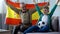 Grandpa waving Spanish flag, together with boy rejoices victory of football team