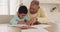 Grandparent, talking or child drawing in books for learning development together in family house. Support, homework or