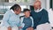 Grandparents, child and hug or laughing for funny conversation at home, communication and relaxing together. Black