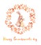 Grandparents day card. Grandma rabbit embrace her grandchild. Watercolor