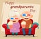 Grandparents day greeting card. Grandmother and grandfather watching movie at home.