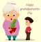 Grandparents day greeting card. Grandson giving a cactus to his