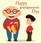 Grandparents day greeting card. Grandson giving a present to his