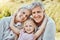 Grandparents, girl and smile portrait in a family outdoor park happy about a picnic. Children, happiness and kids with