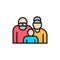 Grandparents with grandchild, couple of pensioners, seniors flat color line icon