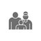 Grandparents with grandchild, couple of pensioners, seniors grey icon.