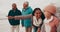 Grandparents, pointing and girl with parents at beach with sunset on vacation, holiday and relaxing. Family, travel and