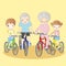 Grandparents ride bicycle with grandchildren