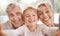 Grandparents, selfie and happy family portrait in living room by smiling, caring family bond in their home together