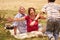 Grandparents Senior Couple Hugging Young Boy At Picnic