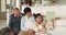 Grandparents, smile and kid with selfie in home living room, bonding and relax together on floor. Girl, grandmother and