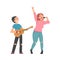 Grandson Playing Guitar and His Grandma Singing, Grandparent Spending Good Time with Grandchild Cartoon Style Vector