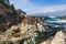 Granite cliffs and boulders below fog at Point Lobos, California