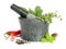 Granite mortar with fresh herbs