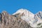 Granite mountain peaks under a perfect blue sky in the John Muir Wilderness of California`s eastern Sierra