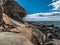 Granite Overhang and Distant Solitary Hiker, Schoodic Point