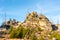 Granite rock formation with wooden cross on the top of Hochstein near Dreisesselberg, Tristolicnik. Border between