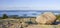 Granite rocks and view of Bar Harbor from Cadillac Mountain at Acadia National Park