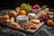 granite stone platter with assortment of artisanal cheeses, fruits, and crostini