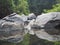Granite stones on the river at the bottom of the waterfall and a bird stands between them