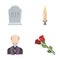A granite tombstone with an inscription, a mourning candle, a pasteur, a priest, mourning roses. Funeral ceremony set