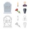 A granite tombstone with an inscription, a mourning candle, a pasteur, a priest, mourning roses. Funeral ceremony set