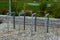 Granite walls made of stone blocks serve as design elements, retaining walls, or seating areas, seats for park visitors. parking f