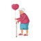 Granny with a balloon in the shape of a heart. A sweet grandmother is holding a balloon in her hands. Cheerful elderly