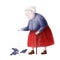 Granny feeding pigeons, funny illustration with cute character, comic old lady