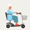 Granny old woman on wheelchair electric scooter in flat style. Happy retirement for disabled people. Stop ageism. Active