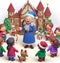 granny wear santa claus costume telling christmas fairy tales to children near a castle