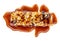 Granola bar with roasted nuts and caramel sauce   isolated on white background. Cereal energy Muesli bar Top view