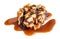 Granola bar with roasted nuts and caramel sauce   isolated on white background. Cereal energy Muesli bar Top view