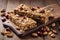 Granola Bars with Mixed Nuts and Cranberries on an Old Wood Table