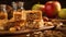 Granola bars on a wooden cutting board with apples and nuts