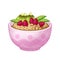 Granola in bowl with kiwi, raspberry, mint leaves. Oatmeal breakfast with fruits, berry, oat grain porridge. Muesli