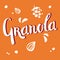 Granola lettering logo design with seeds and shadow on orange background