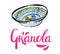 Granola lettering pink logo design with hand drawn watercolor ornamented bowl