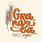 Granola logo vector. Lettering composition, spikelets with grains. Handwritten calligraphy. Healthy snack logotype for