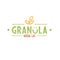 Granola natural cafe logotype. Bold green granola caption and orange wording signboard with smile and oat spike.