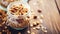 granola nuts in an empty glass jar on the table